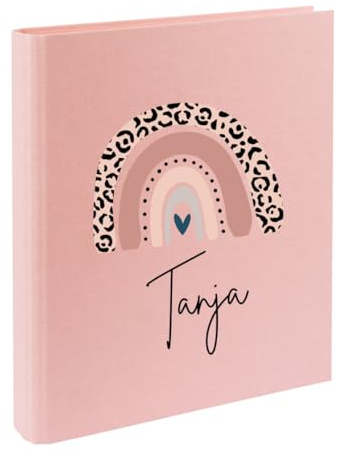 minimutz Zeugnismappe Kinder mit Name personalisiert - Dokumentenmappe Regenbogen rosa für Mädchen - Zeugnisordner Leinen zum Einsortieren (rosa)