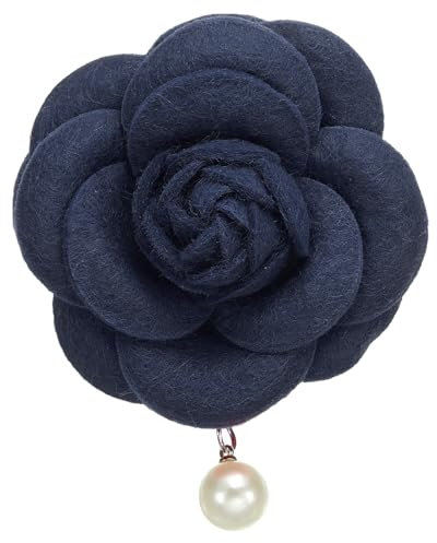 PATIKIL Broches en Forme de Fleur de Camélia, Broches Vintage en Tissu avec Perles Artificielles, Élégantes Épingles Florales pour Femmes, Chapeau, Robe, Chemise, Cravate, Bleu Foncé