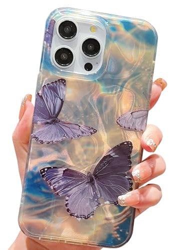 HZYKDWD Compatible for iPhone 13 Pro Max Case 6.7 Inch,Cute Butterfly Quicksand Bling Sparkle Hard Back Art Pattern Design for Soft TPU Shockproof Phone Case for Women Girls-Black Purple