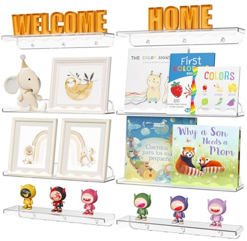 Lifewit Kunststoff Kinder Bücherregal 8er Set, 38cm Hängeregal für Wandmontage, Kinderzimmer, Bücher, Hängende Regale für Baby/Kleinkind/Kinder im Schlafzimmer, Wohnzimmer Dekoration, Transparent