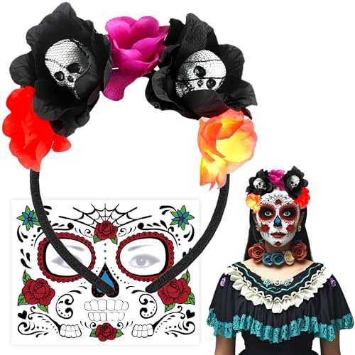 Atuoxing Halloween Rosen Totenkopf Haarreif, Dia de Los Muertos Kostüm Accessoires, Halloween Haarschmuck mit Gesicht Tattoos Tag der Toten Kostüm für Damen