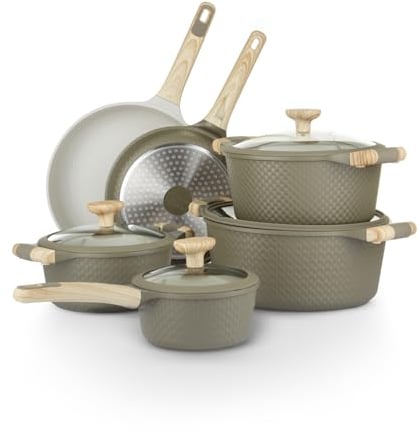 Kasanova Batterie de Cuisine Mrs Wood Antiadhésive en Aluminium, Compatible avec Tous les Types de Feux, Couvercles en Verre, Cuisson Rapide et Homogène (vert et crème, 10)