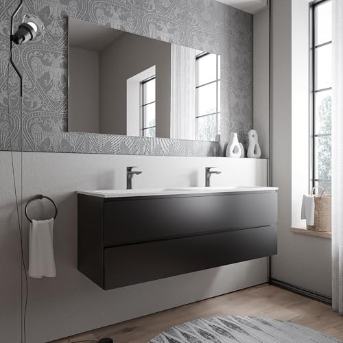 BERNSTEIN Badmöbel-Set Ava 140cm bestehend aus Mineralguss-Doppel-Waschbecken mit Unterschrank in Schwarz matt, Waschtisch CREAM - Weiß matt mit Hahnloch, Ideal für große Bäder