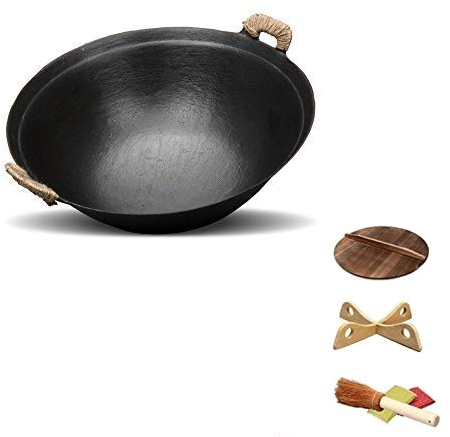 OQHAIR Big Iron Pot Vintage Handmade Household Round Bottom Binaural Wok Uncoated Cast Iron Pot Traditional Non-stick Pan,38cm