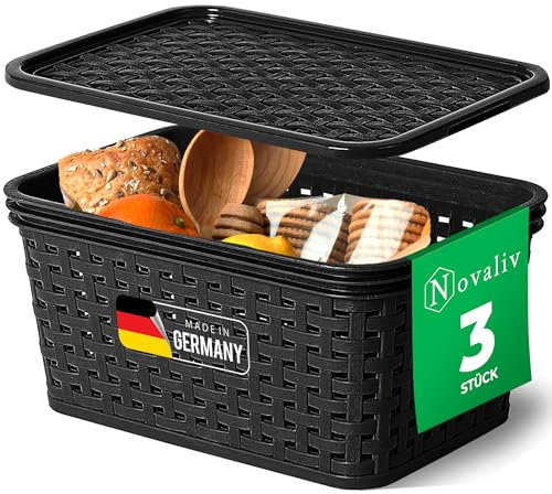 Novaliv 3er Set Aufbewahrungsbox mit Deckel Küche 2L Schwarz Kunststoff Rattan-Optik Küche Aufbewahrung & Organisation BPA-Freie Schrank Organizer Ordnungsboxen für Teebeutel Snacks Gewürze