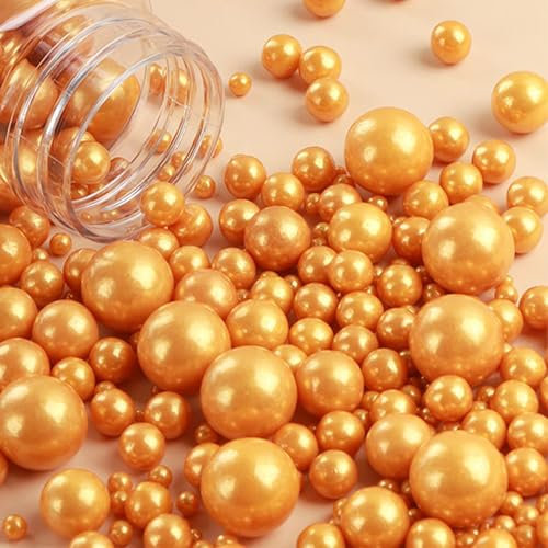 Goldene Zuckerperlen Goldene Essbare Perlen Streusel Tortendeko Zuckerperlen Perlen Essbare Süßigkeiten Perlen Kuchendekoration in Verschiedenen Größen Eiscreme-Toppings Keksdekoration Usw (130g)