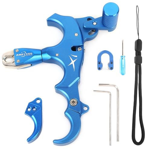 SHARROW Bogenschießen Release Aids Compound Bogen 3 oder 4 Finger Austauschbar Daumen Release Aluminium Auslösehilfen Spannhilfen mit Metall D-Loop für Jagd (Blau)