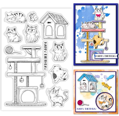 GLOBLELAND Klare Stempel Mit Katzen Und Katzenbaummotiv Zur Kartengestaltung. Happy Birthday Stempel. Transparenter Tier Silikonstempel Für Scrapbooking DIY Prägung Journaling
