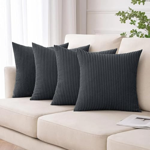 Moonlight Bedding Corduroy Cushions with Covers included 45 x 45 cm Pack of 4 (4 covers 4 inserts) Grey Stripe Throw Pillow Cases with Invisible Zipper for home décor 18 x 18 inches