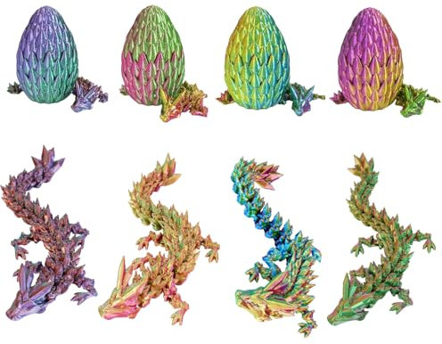 Merrwon 4er Set Miniatur 3D Drache im Ei, 3D Gedrucktes Drachenei mit Drache, Ewegliche Gelenke Kristall Drache mit Drachenei, Drachen Spielzeug–Bunte Designs für Ostergeschenk (4 Farben, 4 Drachen-B)