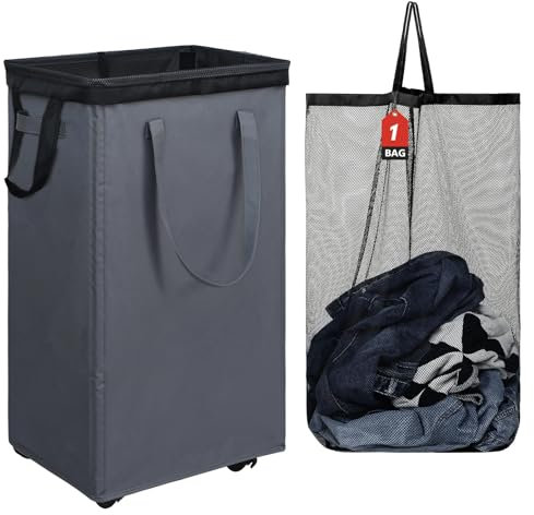 DOKEHOM 90L X-Large Laundry Basket with Removable Wash Bag on Wheels, Collapsible Rolling Laundry Hamper, Foldable Clothes Organizer, Folding Washing Bin (Grey)