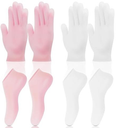 4Set Soft Silicone Moisturizing Socks, Silicone Socks Gloves Set for Foot Hand Softening, Comfortable Moisturizing Glove Socks Set for Women Foot Care, Anti Slip Soft Gloves (White, Pink)