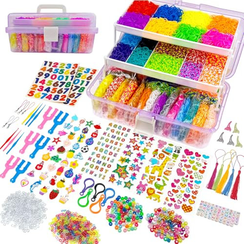 FANXIYA 16000+ Loom Bands Set, Elastic Rubber Band Kit for Bracelet Making, Large Rubber Bands with Board and Charms, Starter Craft Creation Kit with S Clips for Girls & Boys