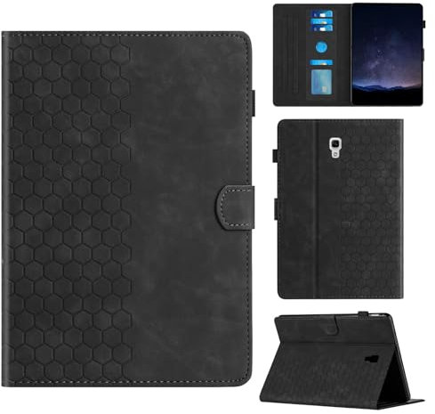 Rosbtib Funda para Samsung Galaxy Tab A 10.5 Pulgadas 2018 SM-T590/T595 con Soporte y Ranura para Tarjetas, Funda de Piel sintética con patrón de Textura Hexagonal para Galaxy Tab A 10.5 2018, Negro