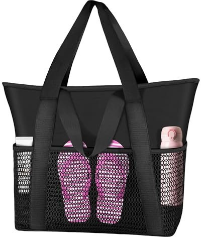 Tokeya Bolsa Playa Mujer, Grande Bolsa Tote con Cremallera y Bolsillos Ligera Plegable Bolso de Playa Impermeable Bolso de Mano Shopper para Viajes Piscina Compras Vacaciones (Negro)