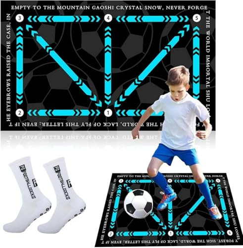 FUßballmatte Trainingsmatte,60x90 cm Fußball Trainingsmattem mit Socken Set Rutschfeste Schritt Trainingsmatte,Stoßdämpfende Fussball Matte,Fußballübungsausrüstung für Jugendliche