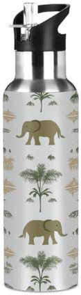 Mexpekil Water Bottle with Straw Stainless Steel, Dark Green Elephant Tree 600ml Insulated Leakproof Thermal Flask for Sports, Gym, Travel (20oz)