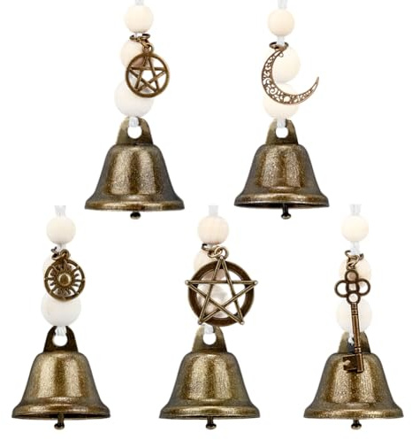 PH PandaHall 5pcs Witch Bells with Wood Beads for Door Knob, Christmas Bells Hanging Witchcraft Beaded Bell Decor with Magic Keys Moon Star Pendant for Room Home Protection Decor Gift, Antique Bronze