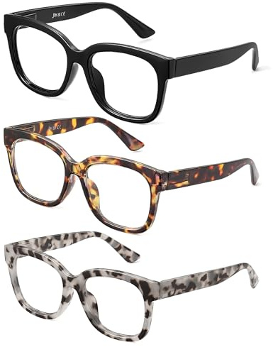 JM 3er-Pack übergroße Quadratische Lesebrille, Brille Blaulichtfilter Damen Computerleser, Schwarz/Grau/Schildkröte, +1.0