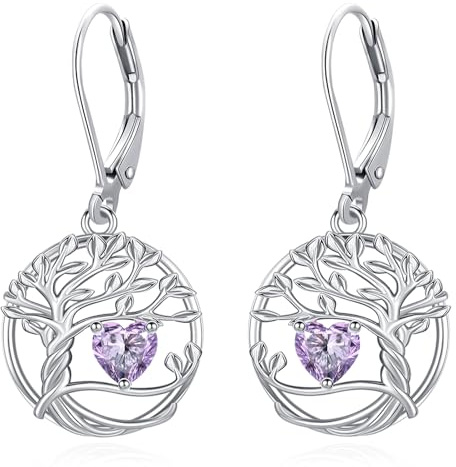 Eusense Birthstone Tree of Life Earrings Family Tree of Life Heart Dangle Earrings, Symbolic Jewelry Gift for Mother, Wife, Daughter