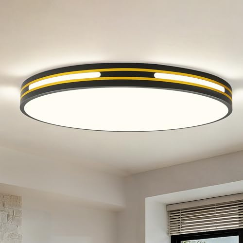WOKNOS LED Deckenlampe Wohnzimmer 50cm,4000K Schwarz Gold Moderne Industrial Rund Deckenleuchte Flach,Led Lampe,aus Metall und Acrylschirm, für Schlafzimmer Esszimmer Arbeitszimmer Büro