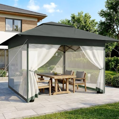 Verdego Tonnelle de Jardin Exterieur 3x3M, Tonnelle Pliante avec Moustiquaire, Barnum Pliant 3 Hauteur Réglable, Tente de Reception Protection UV50+, Chapiteau Sac de Transport à Roulette (Anthracite)
