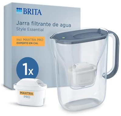 BRITA Wasserfilter Kanne MAXTRA Style Essential XL, 1x Extra Kalkschutz | Steinblau, große Filterkanne, LED Filterwechselanzeige, Klappdeckel, Filterkartusche reduziert Kalk, Metalle & mehr