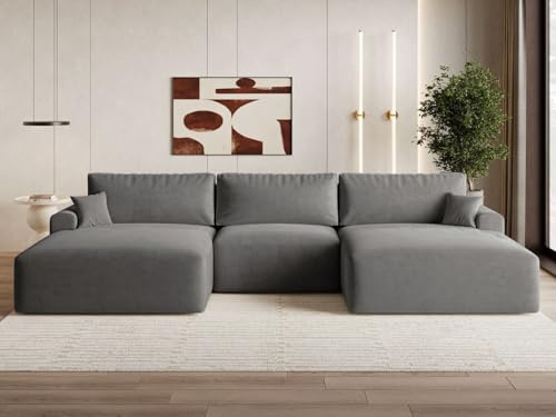 GRAINGOLD Serene U Ecksofa mit Schlaffunktion & Bettkasten 391x145 cm, U-Form Sofa mit Stauraum, Schlafcouch für Wohnzimmer, Velvet-Stoff, 5-Sitzer Wohnlandschaft, Modernes Design (Dunkelgrau)