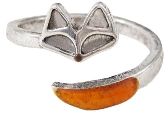 crayfomo Vintage Fox Head Open Adjustable Ring for Women, Silver Tone Band With Amber Stone Wrap Around Statement Ring, Boho Animal Style Jewelry for Daily Casual Party