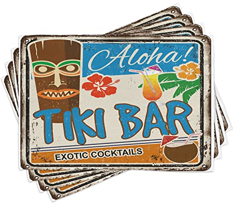 ABAKUHAUS Tiki Bar Platzmatten, Weinlese-Zeichen, Waschbare Stoff Esszimmer Küche Tischdekorations Digitaldruck, Braun Blau