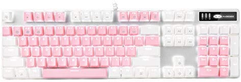 MageGee Mechanical Gaming Keyboard, New Upgraded Blue Switch 104 Keys White Backlit Keyboards, USB Wired Mechanical Computer Keyboard for Laptop, Desktop, PC Gamers(White & Pink)