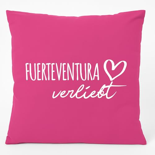 Huuraa Kissen Fuerteventura verliebt Geschenk | 40x40cm mit Füllung Fuchsia Baumwolle Dekokissen Geschenkidee Pinkes Sofakissen dekoratives Zierkissen