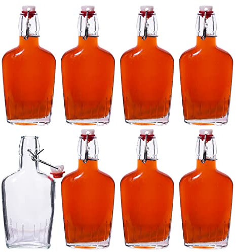 eleganttime 8 Pack Pocket Glass Flasks 8.5 Oz Glass Vanilla Extract Bottles With Swing Top Flask for liquids,whiskey, liquor, wine, water Leak Proof
