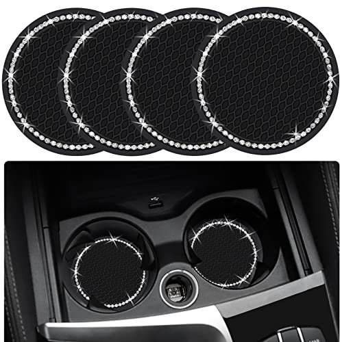 Lot de 4 Sous Verre Voiture en Silicone Antidérapant avec Strass, 7,9 cm, Accessoires Universels pour Intérieur de Véhicule pour Femmes et Filles (Noir)