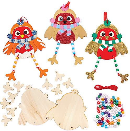 Baker Ross FX304 Rotkehlchen Holz Bastelset mit Perlen für Kinder - 5er Pack, Baumelbeine Set für Kinder zum Basteln und Dekorieren, Ideal für Kindergeburtstag Basteln
