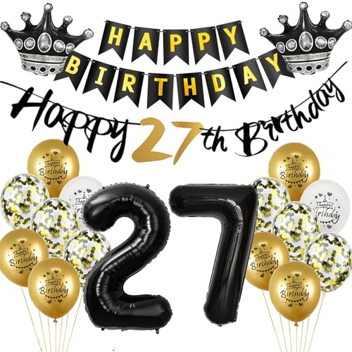Luftballon 27.Geburtstag deko Mann Frau gold Schwarz Folienballon 27 jahre Geburtstag Mann dekoration Schwarz Happy 27th Birthday Girlande Geburtstagsdeko 27 deko geburtstag 27 jahre Mann Frauen