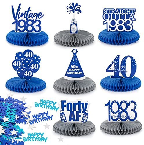 40. Geburtstag Tischdeko Set Vintage Blau Silber 8 STK Bienenwaben Deko Tischaufsätze mit 15g Happy Birthday Konfetti Tisch Ornamente für 40. Geburtstag 40. jährige Jubiläum 40 Jahrestag usw.