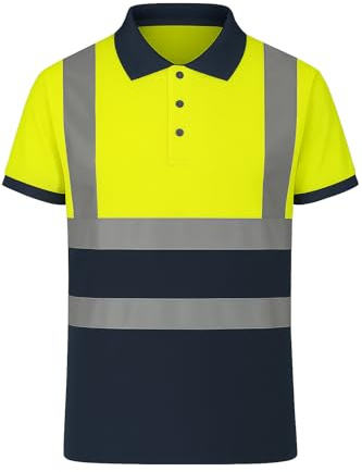 NIYS High Visibility Polo Shirt Yellow Orange Navy Safety Security Work Breathable Lightweight Workwear Top Reflective Tape Small to 3XL (UK, Alpha, XL, Regular, Regular, Yellow Navy)
