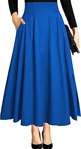 Blau Maxirock Rock Festival Outfit Damen mit Schlitz Taschenmidi Hohem Bund Lange Midi Plissee a Linien Strand Faltenrock Plisseerock Sommerrock Leicht Strandrock Hochzeit XL