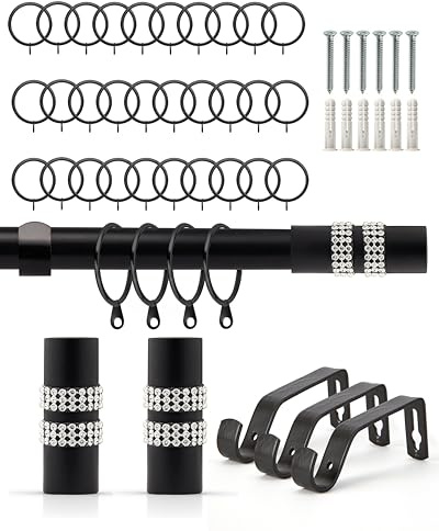 Emma Barclay Extendable Curtain Pole With Finials Rings Brackets & Fittings Sets 16-19mm in Matt Black Metal Curtain Poles For Eyelet Curtains Rod - Diamante Collection 1.6m - 3m Matt Black