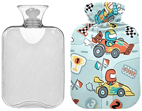 Cartoon Racing Cars Hot Water Bottle with Cover, Hot Pack for Neck and Shoulder Pain Relief, Bed Warmer 1L