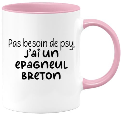 quotedazur Café-Croissant - Mug Personnalisé Tasse Cadeau Noël Pas Besoin De Psy J'Ai Un Epagneul Breton - Rose/Céramique