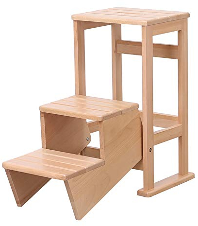 Klappbare Leiterhocker, Treppen, multifunktionaler Küchen-Fußhocker mit doppeltem Verwendungszweck, 3 Stufen, Holzfarbe (33,2 x 69,3 x 62 cm)