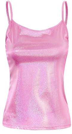 dPois Damen Metallic Tank Top Lang Shirt Ärmellos T-Shirt Crop Top Unterhemd Camisole Lack Leder Glänzend Oberteile Trägertop Sommer Festival Clubwear Hot Pink M