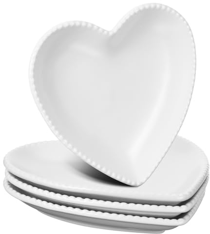 Ziliny 4er-Set Valentinstag-Teller, herzförmige Keramik-Salatteller, niedliches Teller-Set, Steakteller, elegante Speiseteller, 17,5 cm, Dessertteller, Servierschale für Dessert, Vorspeisen, Snacks