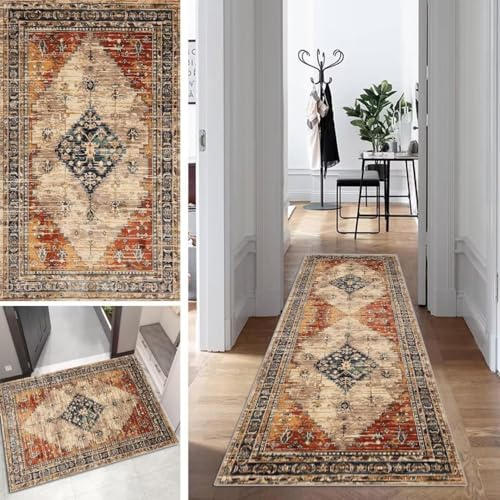 Boho Läufer Teppich Flur Lang Vintage Klassisch TeppichLäufer rutschfest Waschbar 40x200cm Dauerhaft Läuferteppich KüchenLäufer Korridor Polyester Anpassbar Meterware
