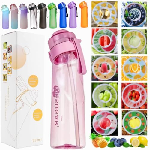 Putextile Trinkflasche Starter Set mit 10 aromatischen Kapseln, Trinkflaschen 650 ml Flasche Obst Duft Süßwasser E%0 Tasse Wasser für und Outdoor Fitnessstudio (Pink+10Pods)