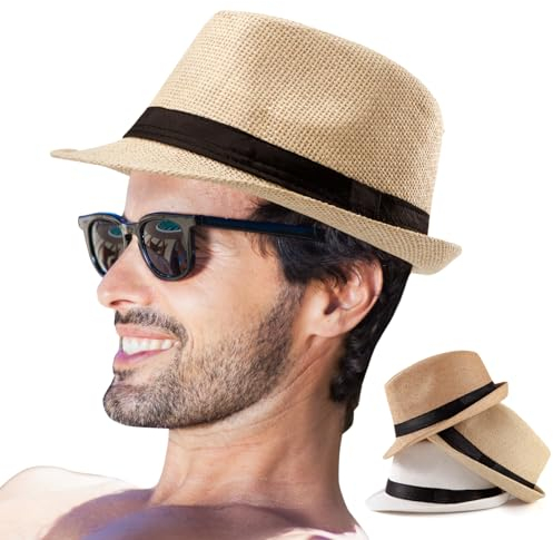 LADYBRO Mens Fedora Hats for Men - Fedora Hat Panama Hat Straw Hat Trilby Hat Summer Hat (Pack of 3), Beige,pure White,khaki, 7-7.25