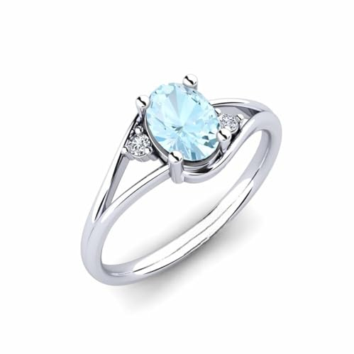 Sterling Silber 925 Aquamarin Oval 7x5mm Drei Stein Ring mit Rhodinierung | Wunderschöner Design Ring mit drei Steinen für Damen und Mädchen (61)