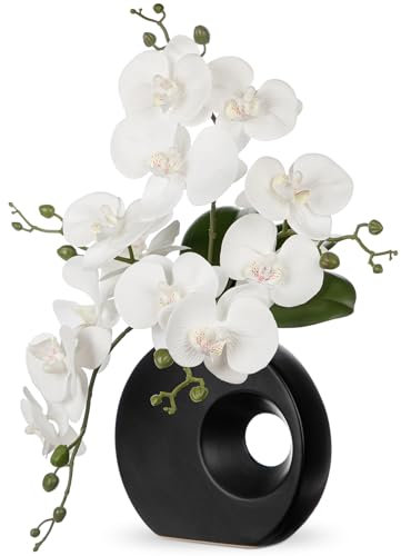 Oairse Artificial Orchid Plant in Ceramic Pot 15.7 Realistic Faux Orchid Flowers for Indoor Decoration Silk White Orchid in Black Vase for Centerpiece Home Office Living Room Wedding Table Décor